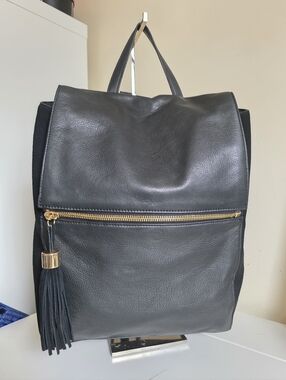 Margot Black Leather Backpack Tote with Gold Zip and Tassel